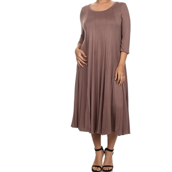 MOA Collection Plus Size 3/4 Sleeves A-Line Swing Trapeze Midi Dress Taupe Mocha - Picture 2 of 13